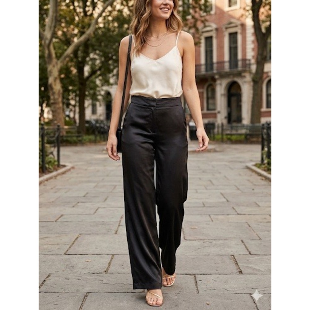 Express Black‎ Satin Wide Leg High Rise Pants Women's 6S Petite Glossy Trousers